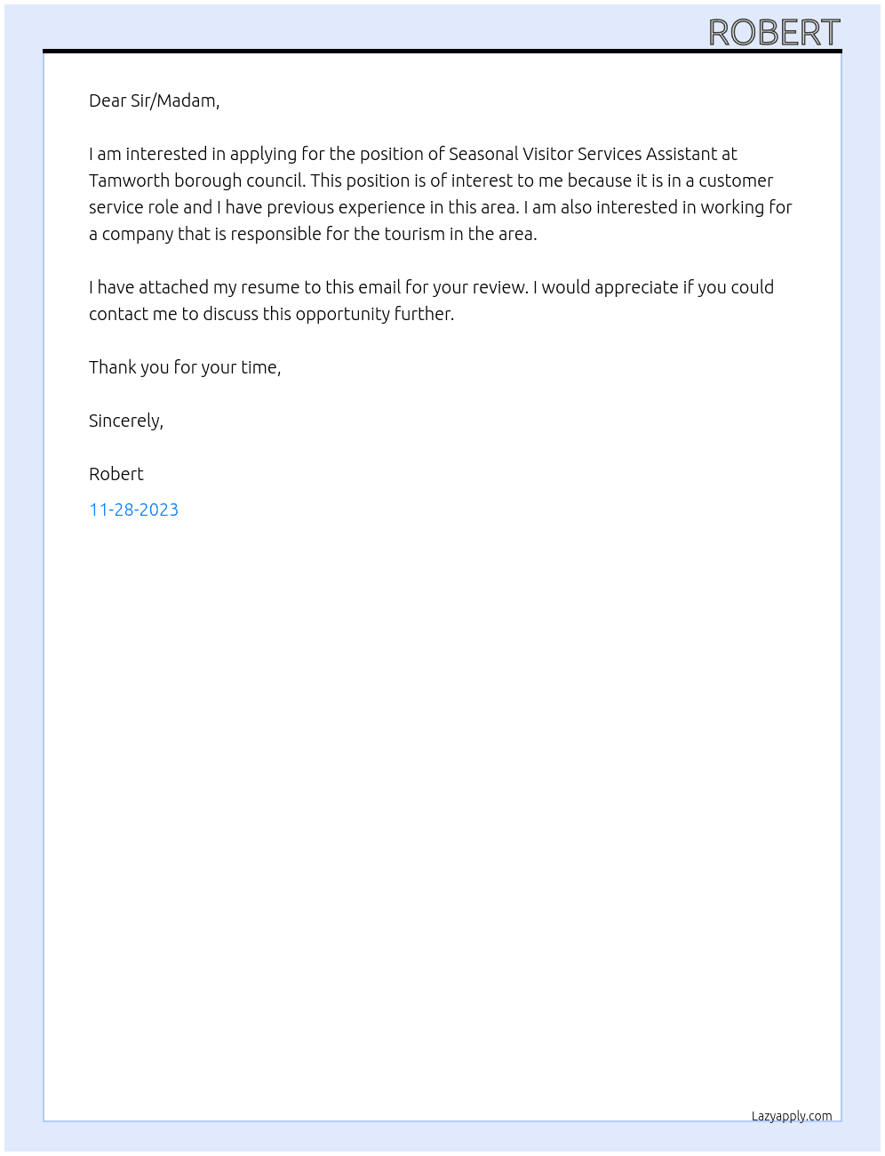 Seasonal Visitor Services Assistant At Tamworth borough council Cover Letter