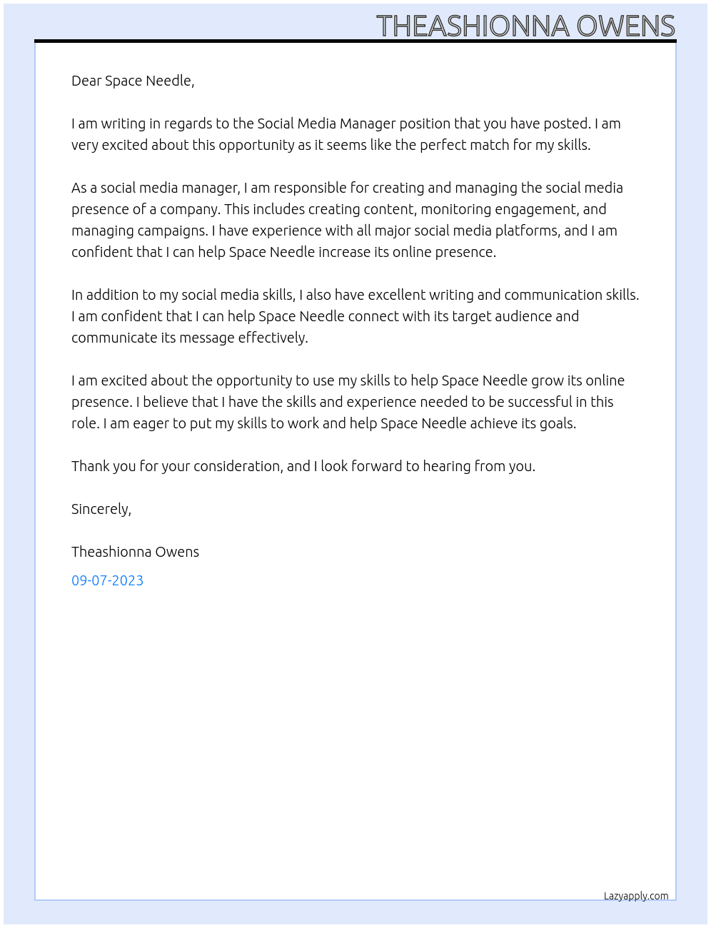 social media manager At space needle Cover Letter