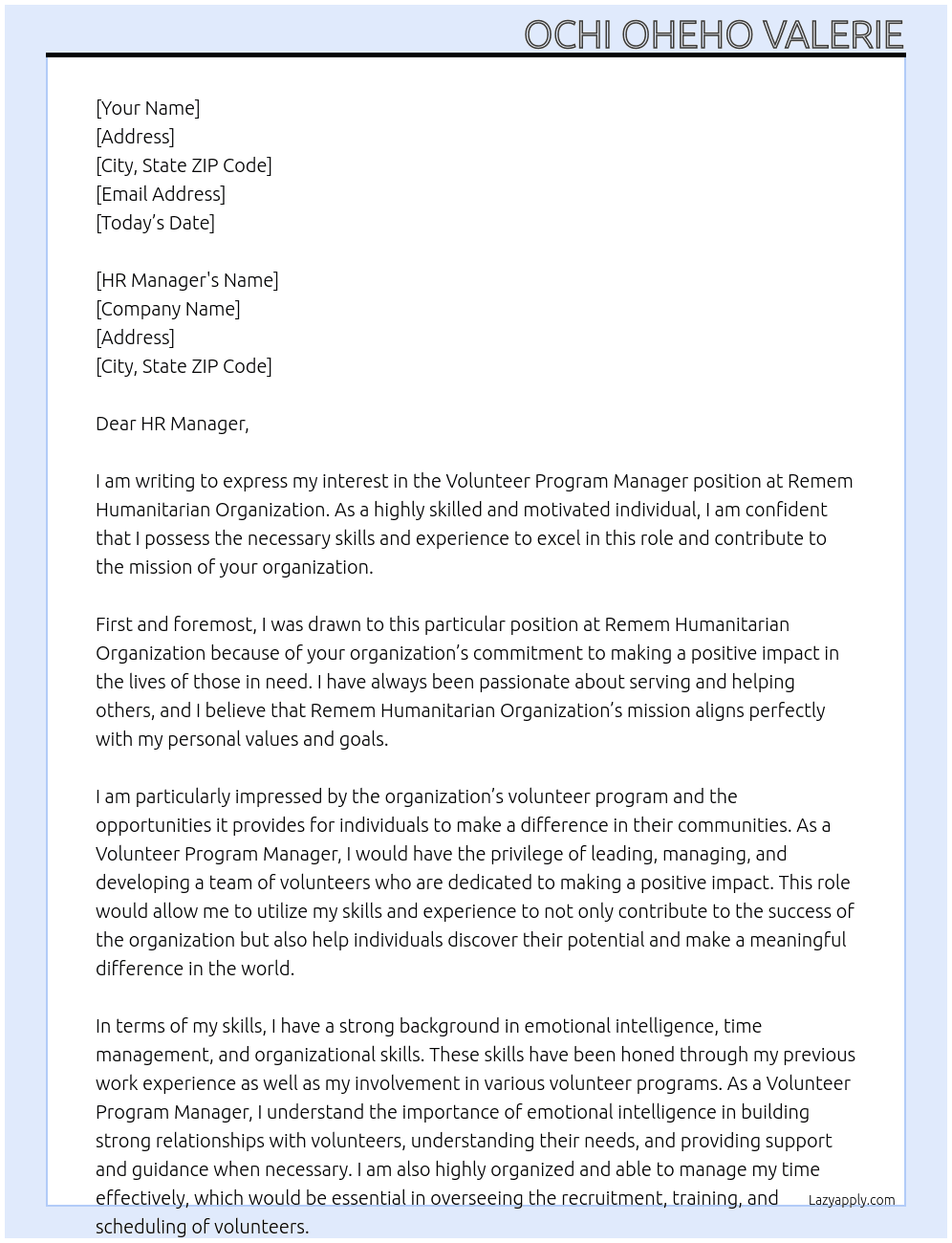 Volunteer Program Manager  At Remem Humanitarian Organization  Cover Letter