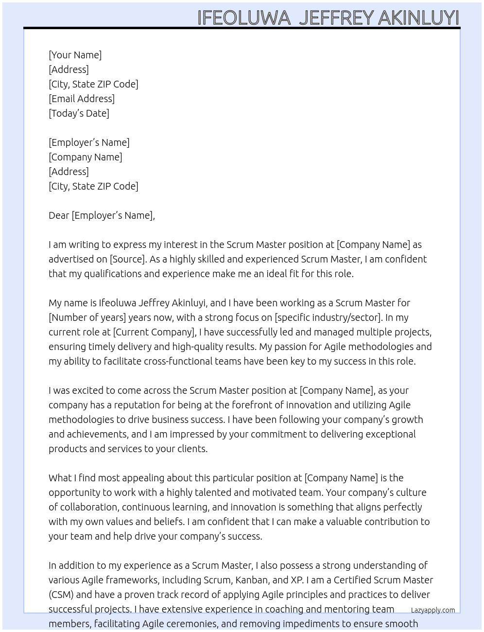 Scrum master At Scrum master Cover Letter