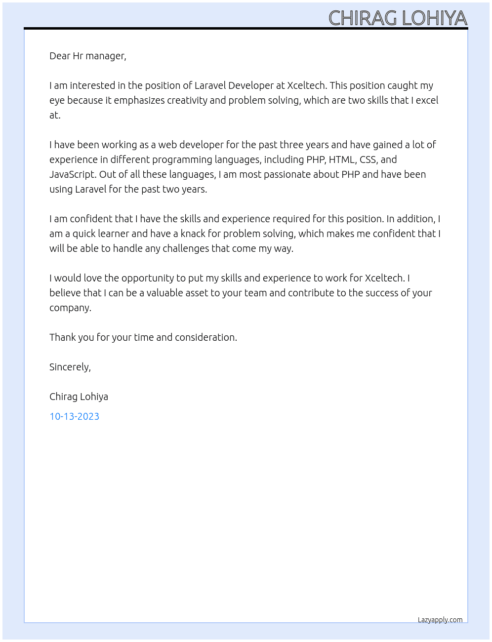Laravel Developer  At Xceltech  Cover Letter