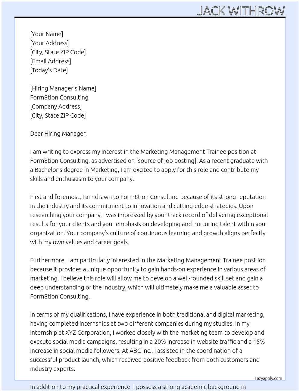 Marketing Management Trainee At Form8tion Consulting Cover Letter