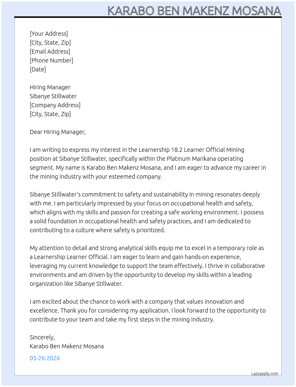 Learnership 18.2 Learner Official Mining At Sibanye stillwater Cover Letter