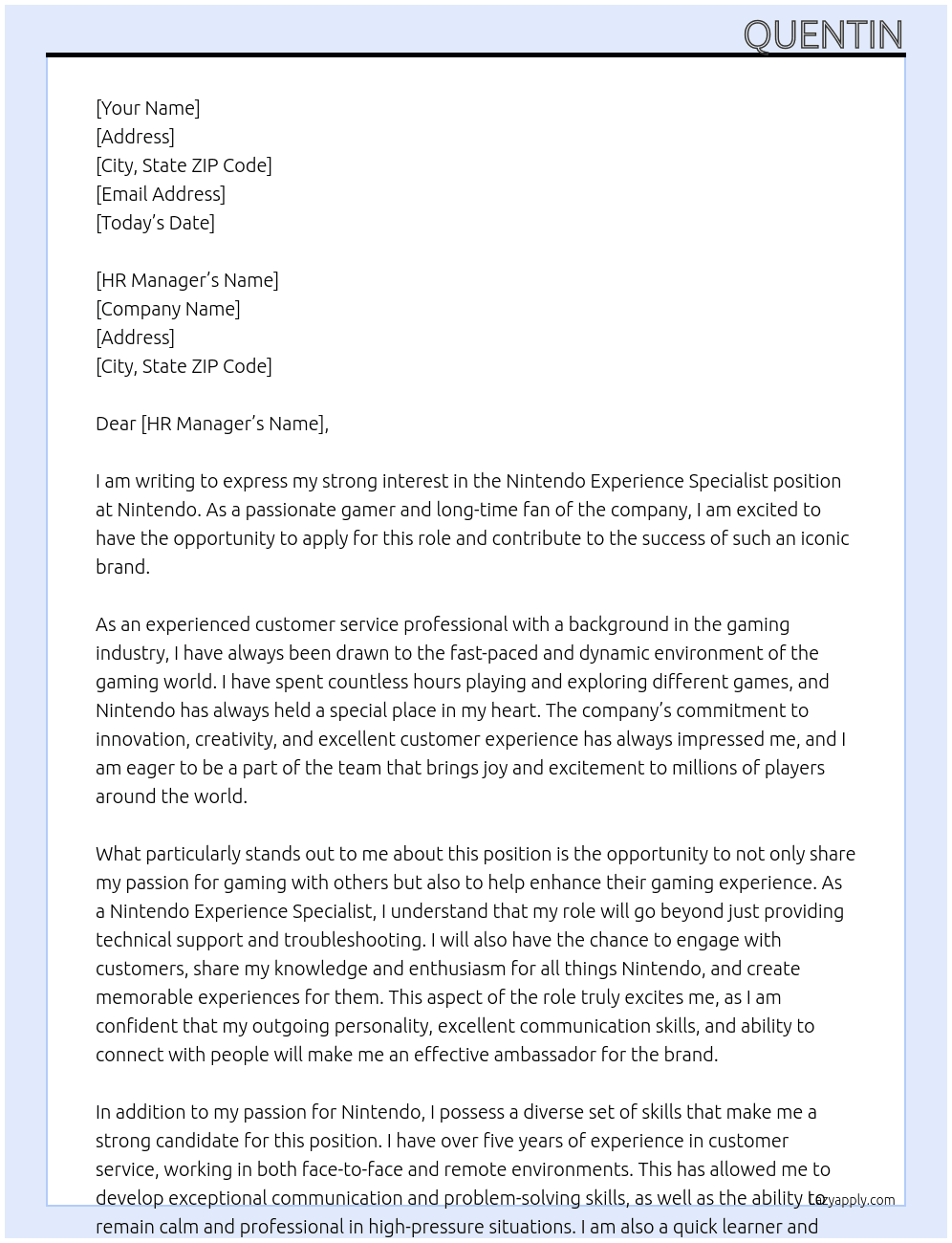 Nintendo Experience Specialist At nintendo Cover Letter