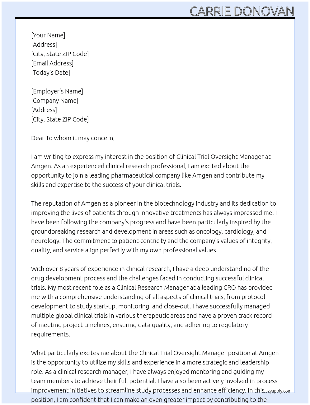 Clinical Trial Oversight Manager At Amgen Cover Letter