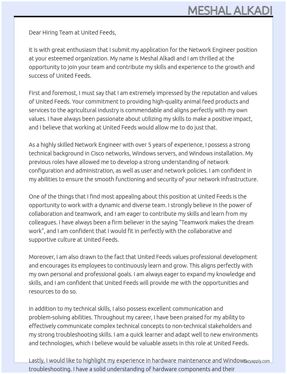 Network engineer At United Feeds Cover Letter