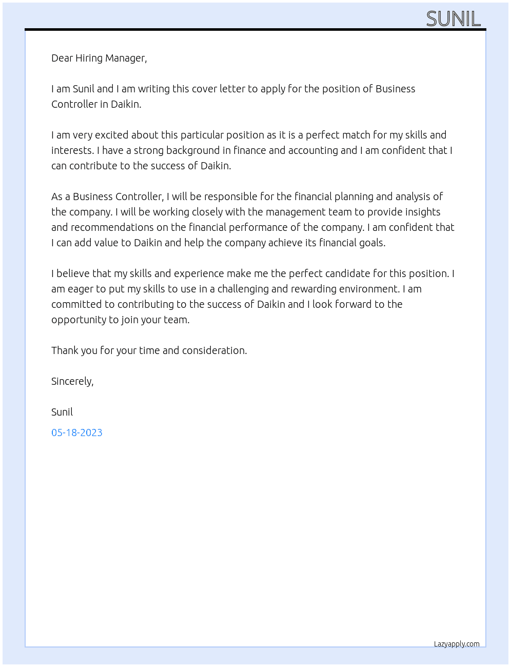Business Controller  At Daikin Cover Letter