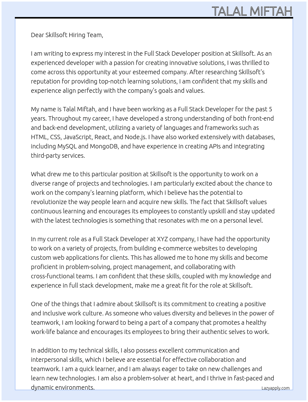 full stack developer At skillsoft Cover Letter