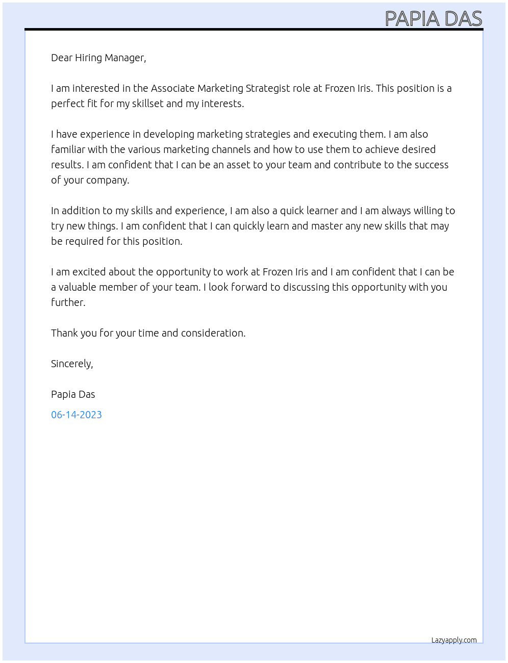 Associate Marketing Strategiest At  Frozen Iris Cover Letter