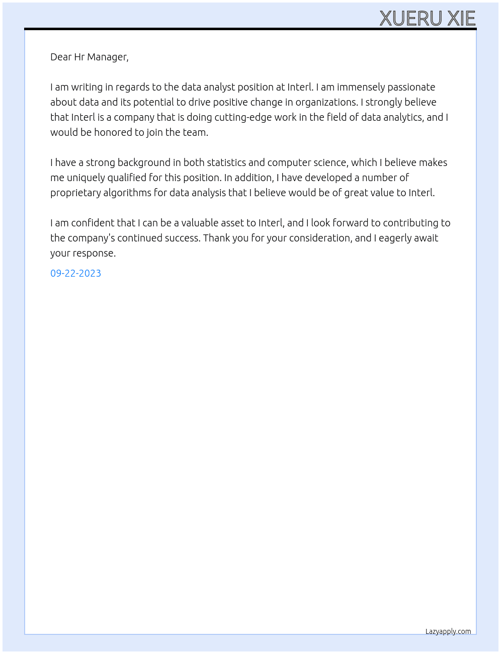 data analyst At Interl Cover Letter