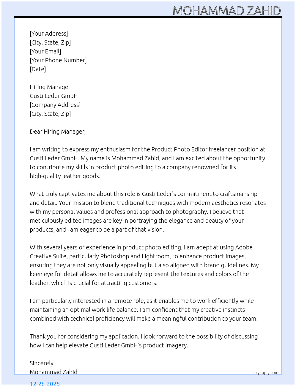 Product photo editor At Gusti Leder GmbH Cover Letter