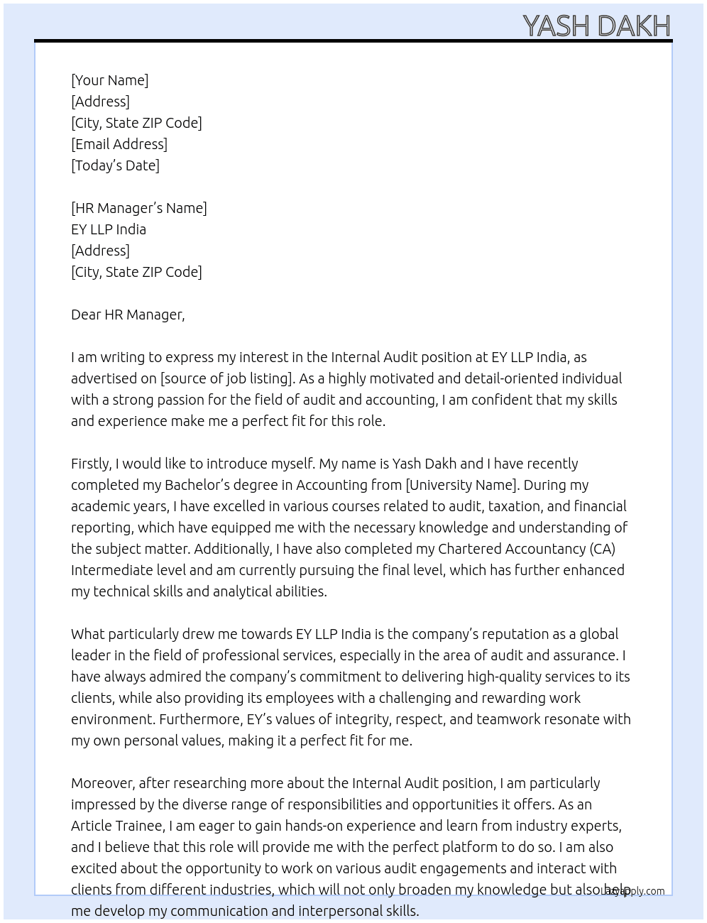 INTERNAL AUDIT At EY LLP INDIA Cover Letter