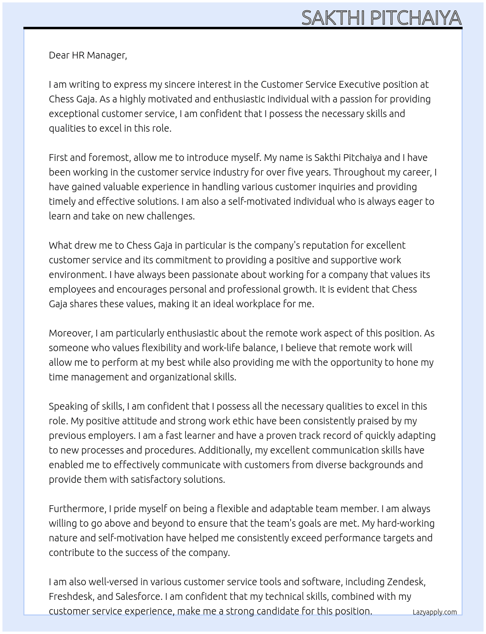 Customer Service Executive At Chess Gaja Cover Letter
