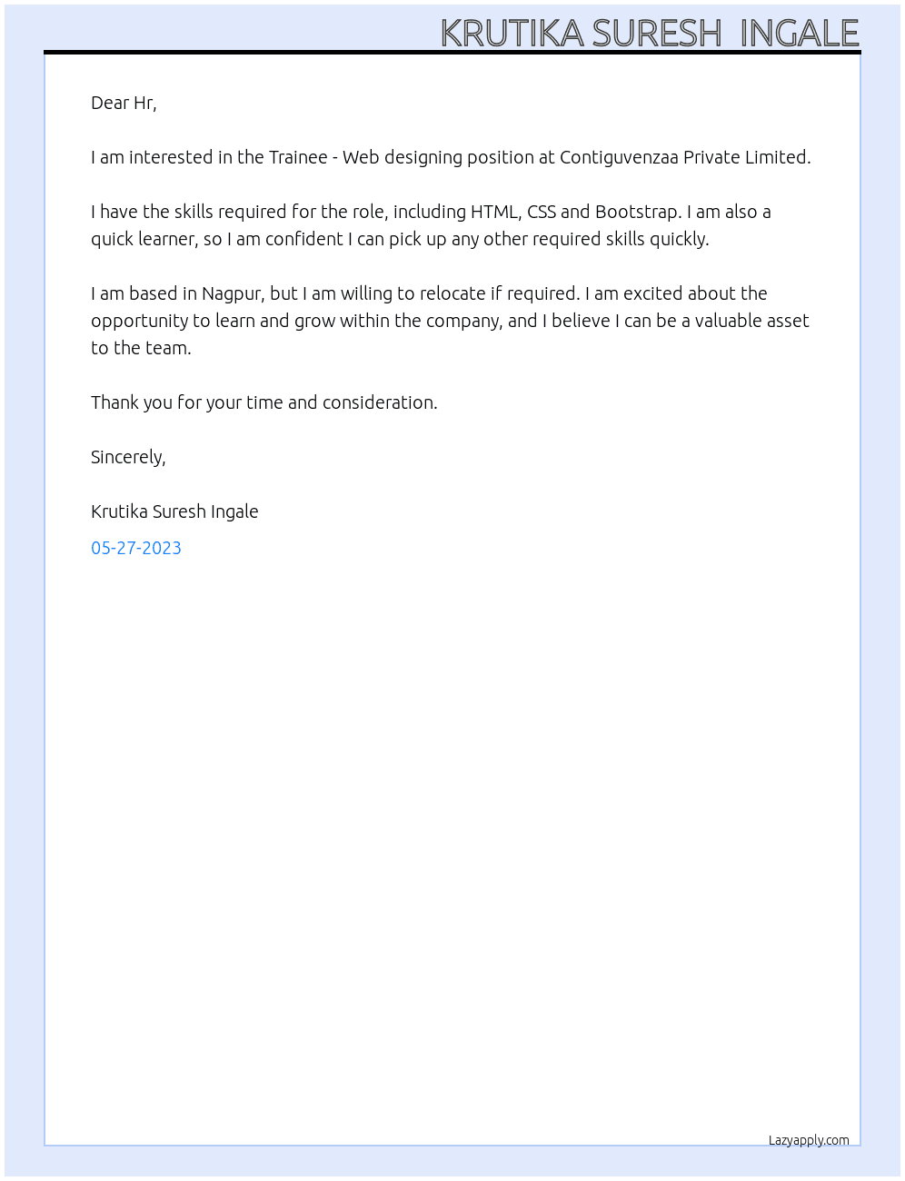 Trainee - Web designing At Contiguvenzaa Private Limited Cover Letter