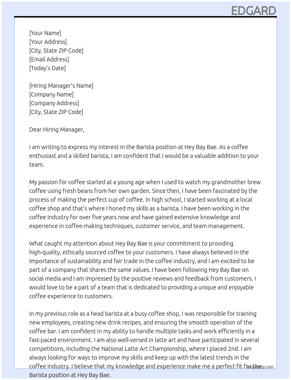 Barista At Hey Bay Bae Cover Letter