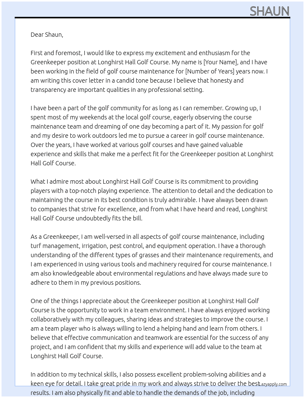 Greenkeeper At Longhirst Hall Golf Course Cover Letter