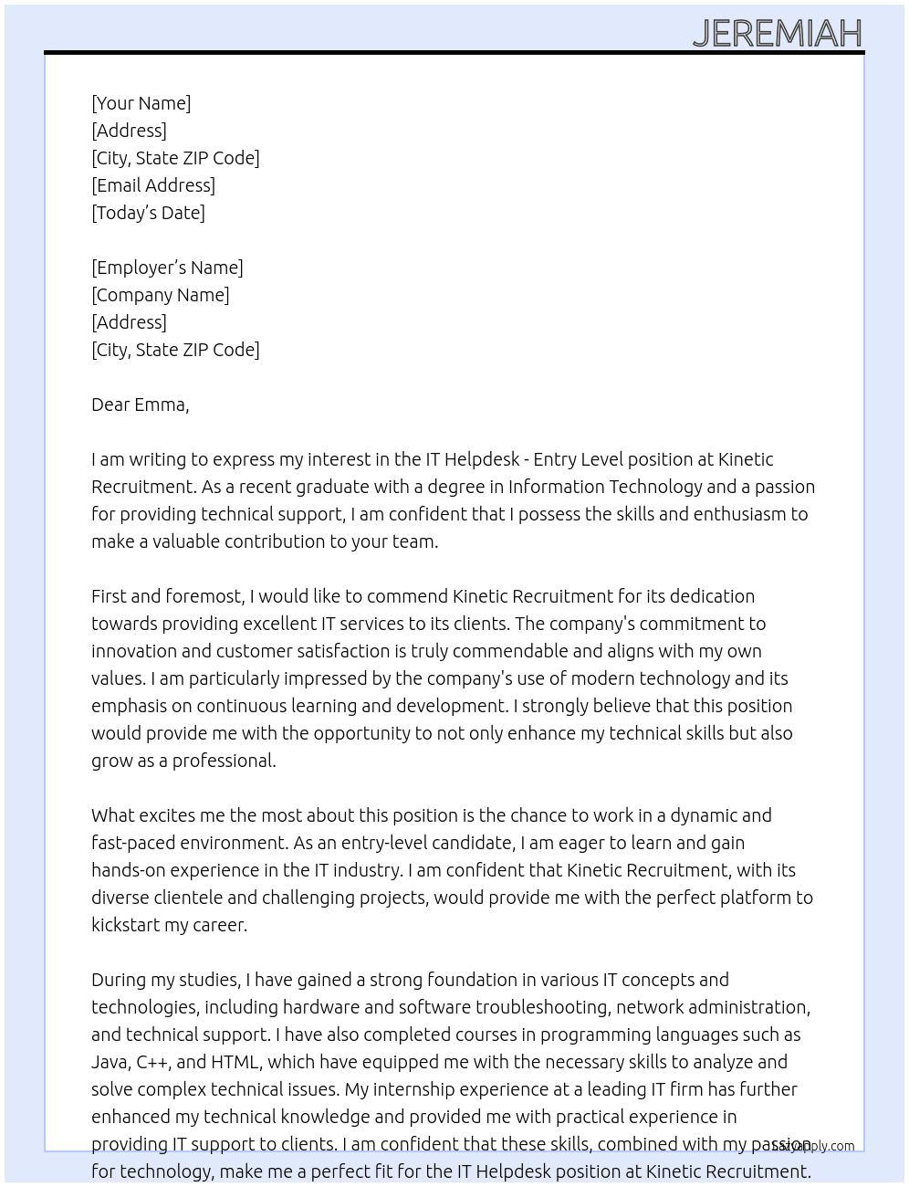 IT Helpdesk - Entry Level At Kinetic Recruitment Cover Letter