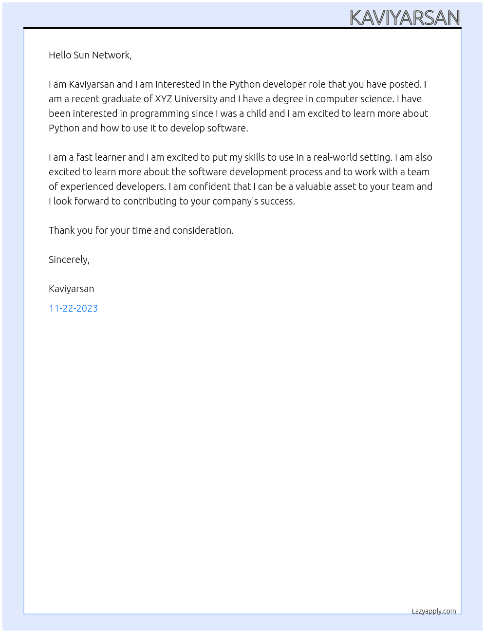 Python developer  At Sun network Cover Letter