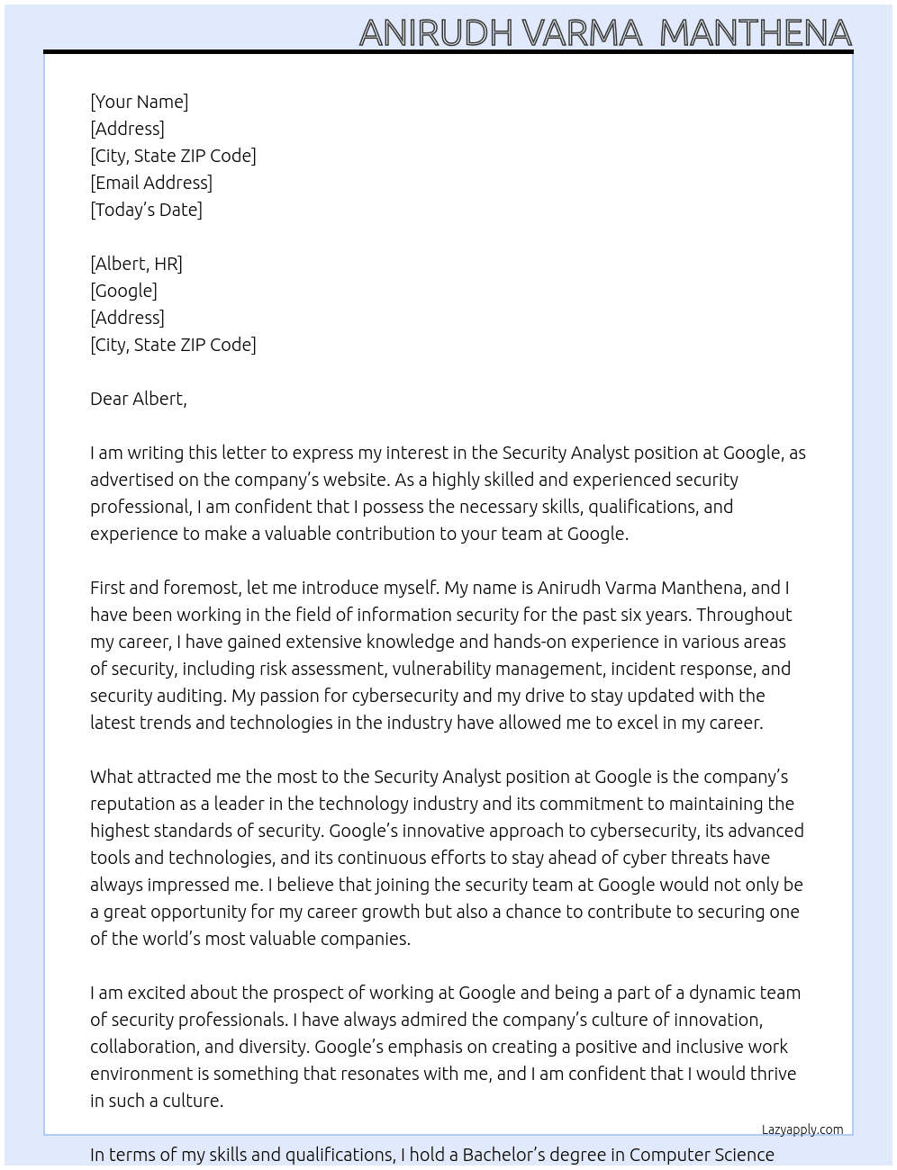 Security Analyst At Google Cover Letter
