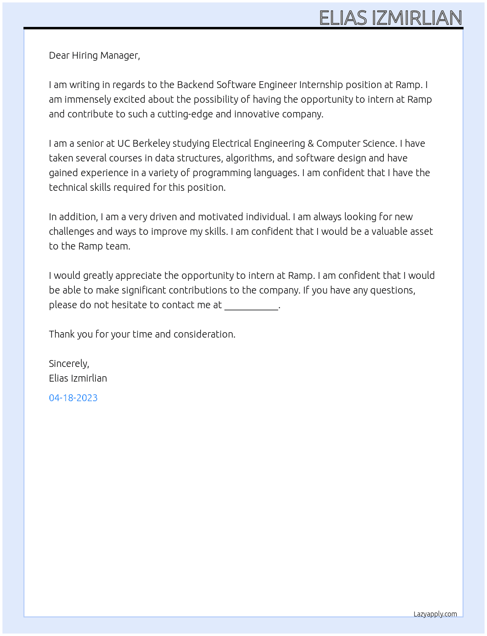 Backend Software Engineer Internshi[ At Ramp Cover Letter