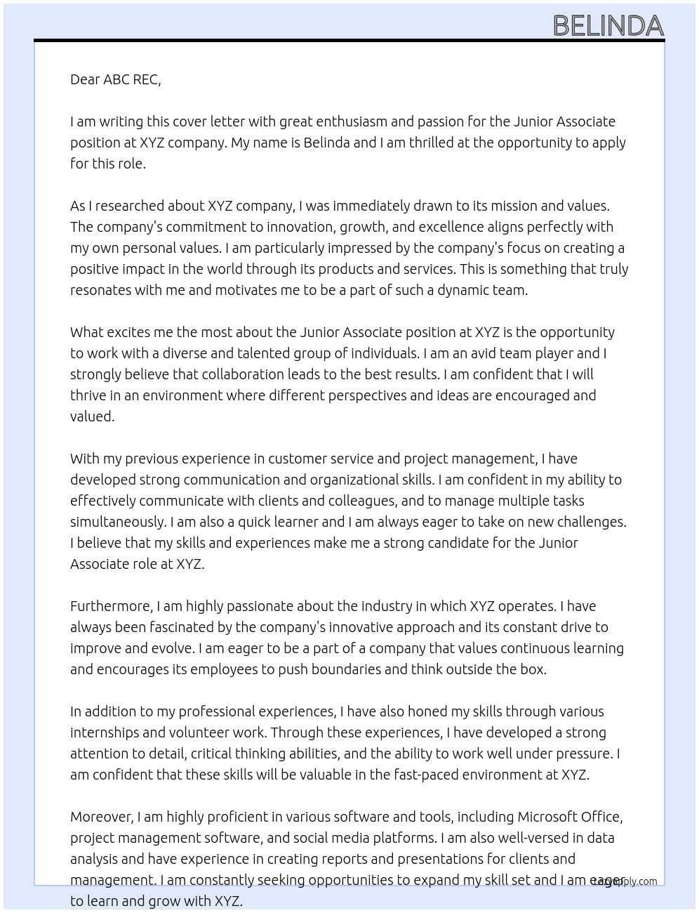 Junior Associate At XYZ Cover Letter