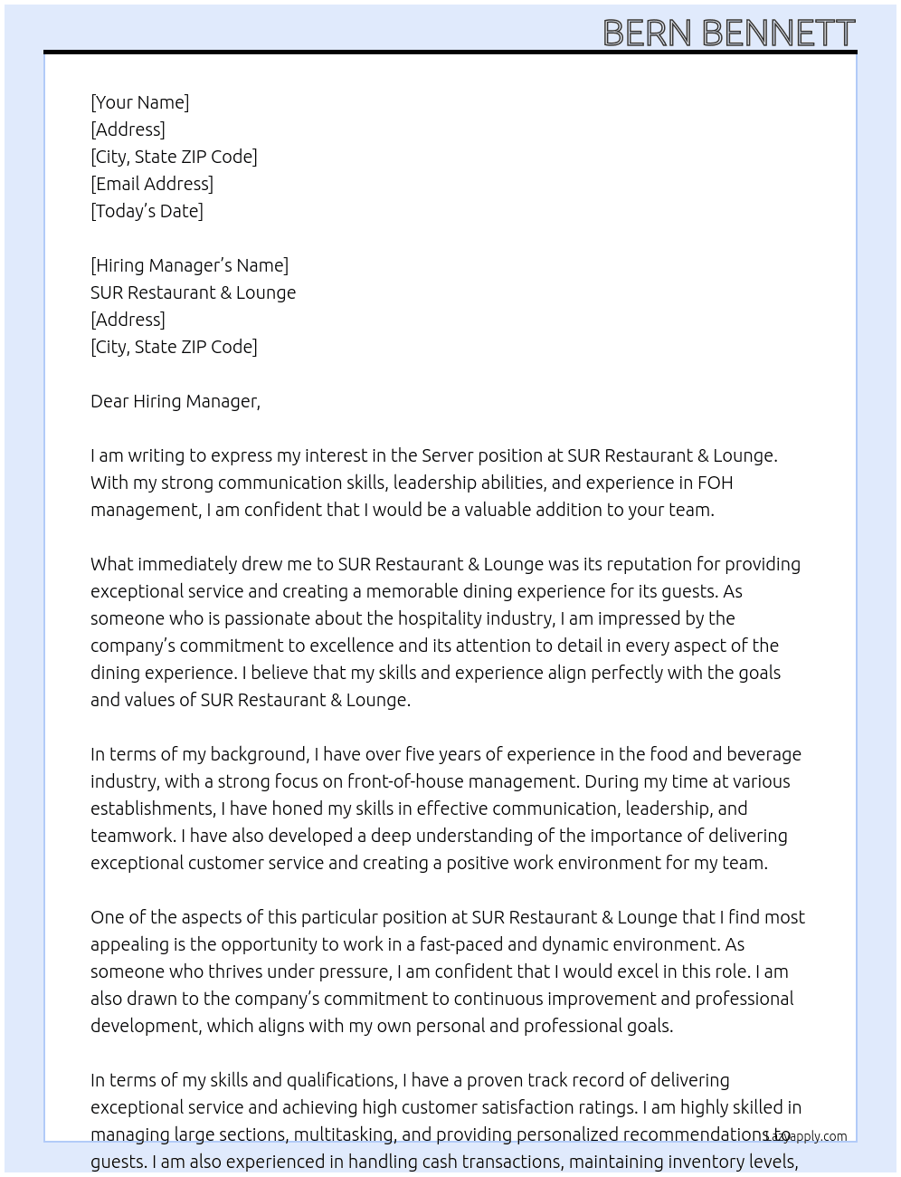 Server At SUR Restaurant & Lounge Cover Letter