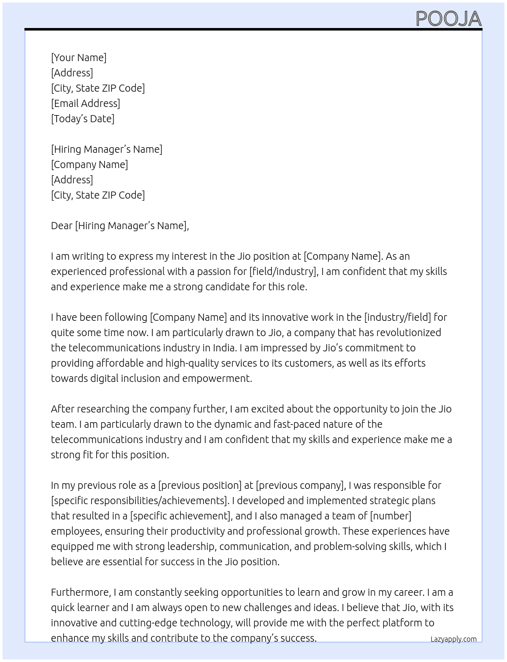 Jio  At Jio Cover Letter