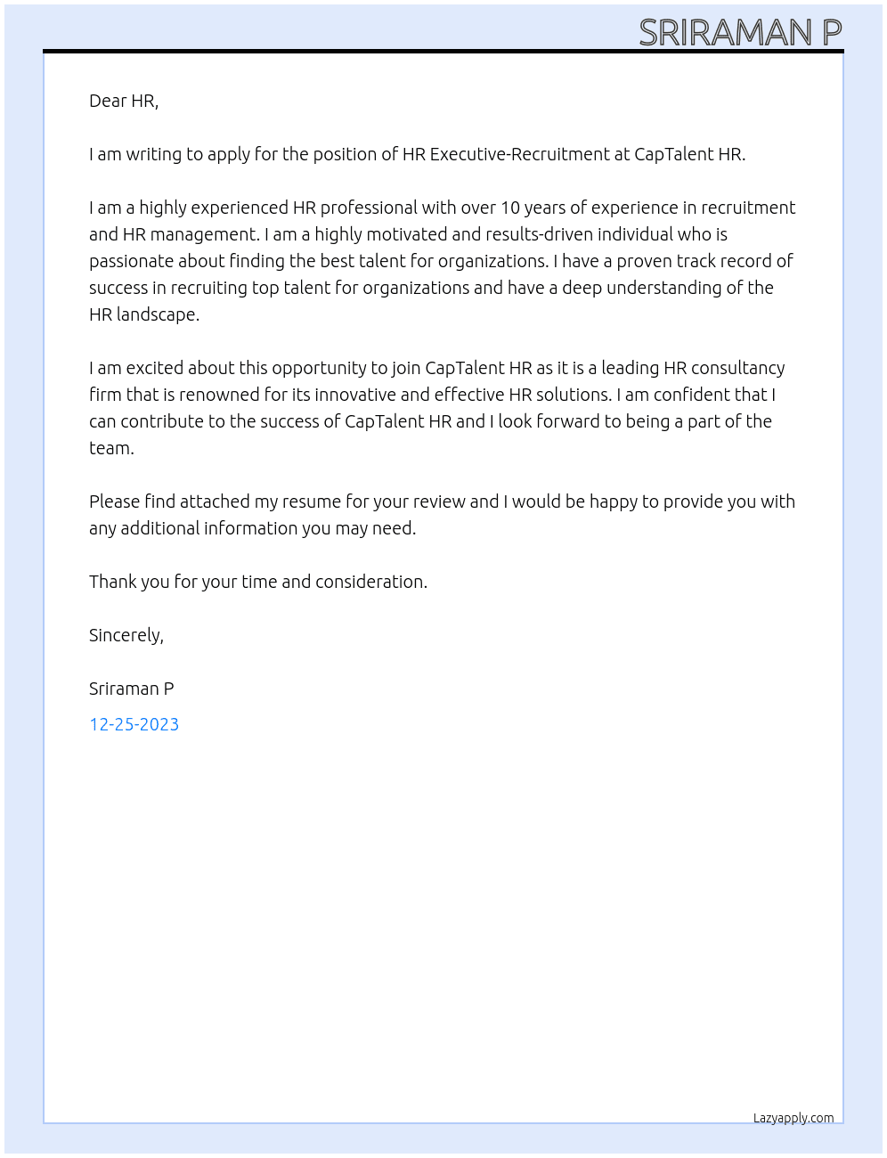 Hr Executive-Recruitment At CapTalent HR Cover Letter