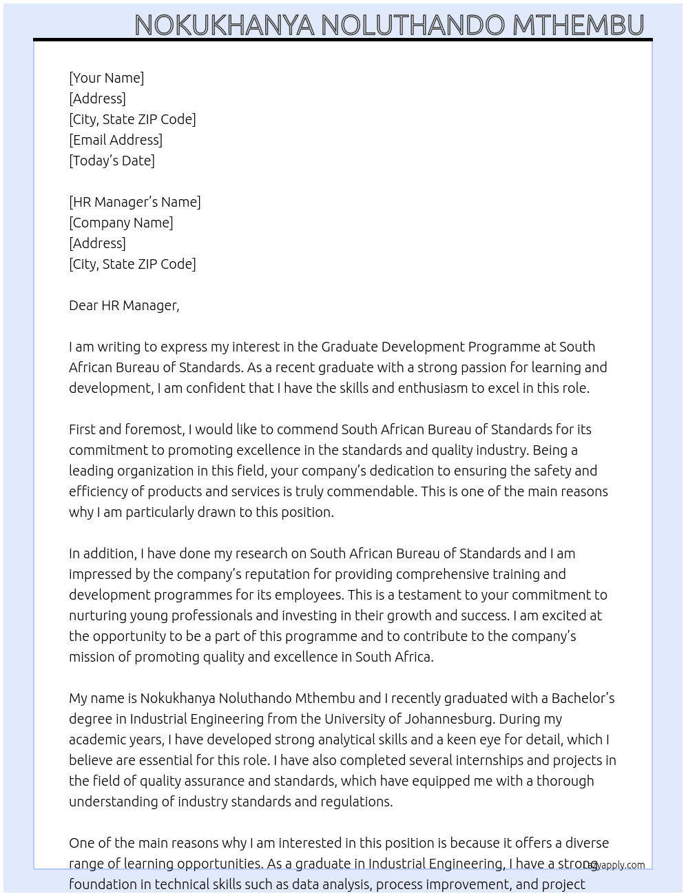 Graduate Development Programme  At South African Bureau of Standards  Cover Letter