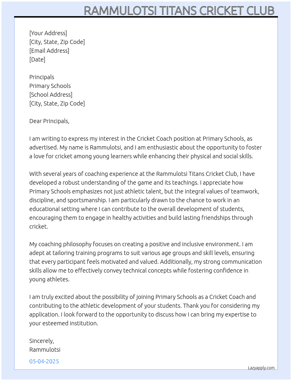 Cricket coach  At Primary schools Cover Letter