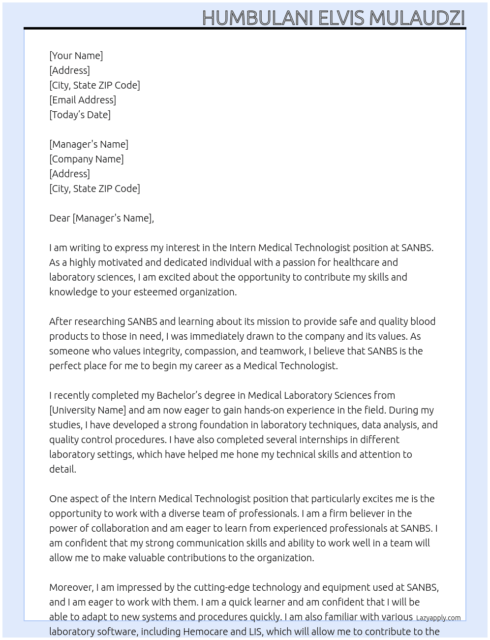 intern medical technologist At SANBS Cover Letter