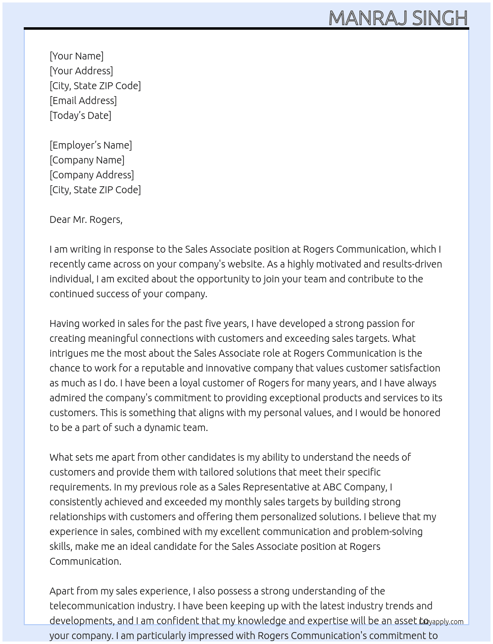 Sales Associatie  At Rogers Communication Cover Letter
