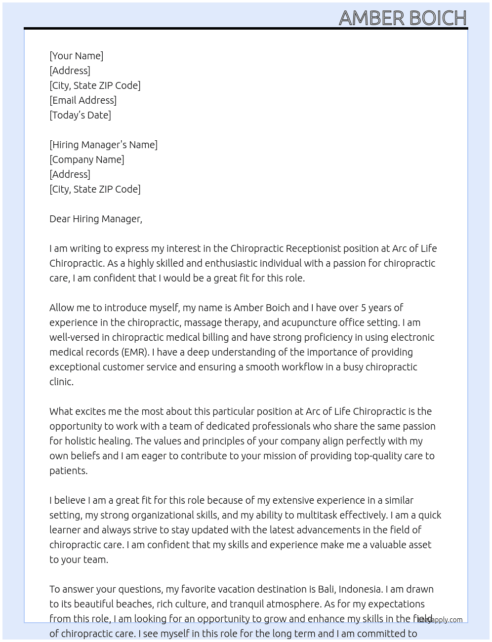 chiropractic receptionist At arc of lilfe chiropractic Cover Letter