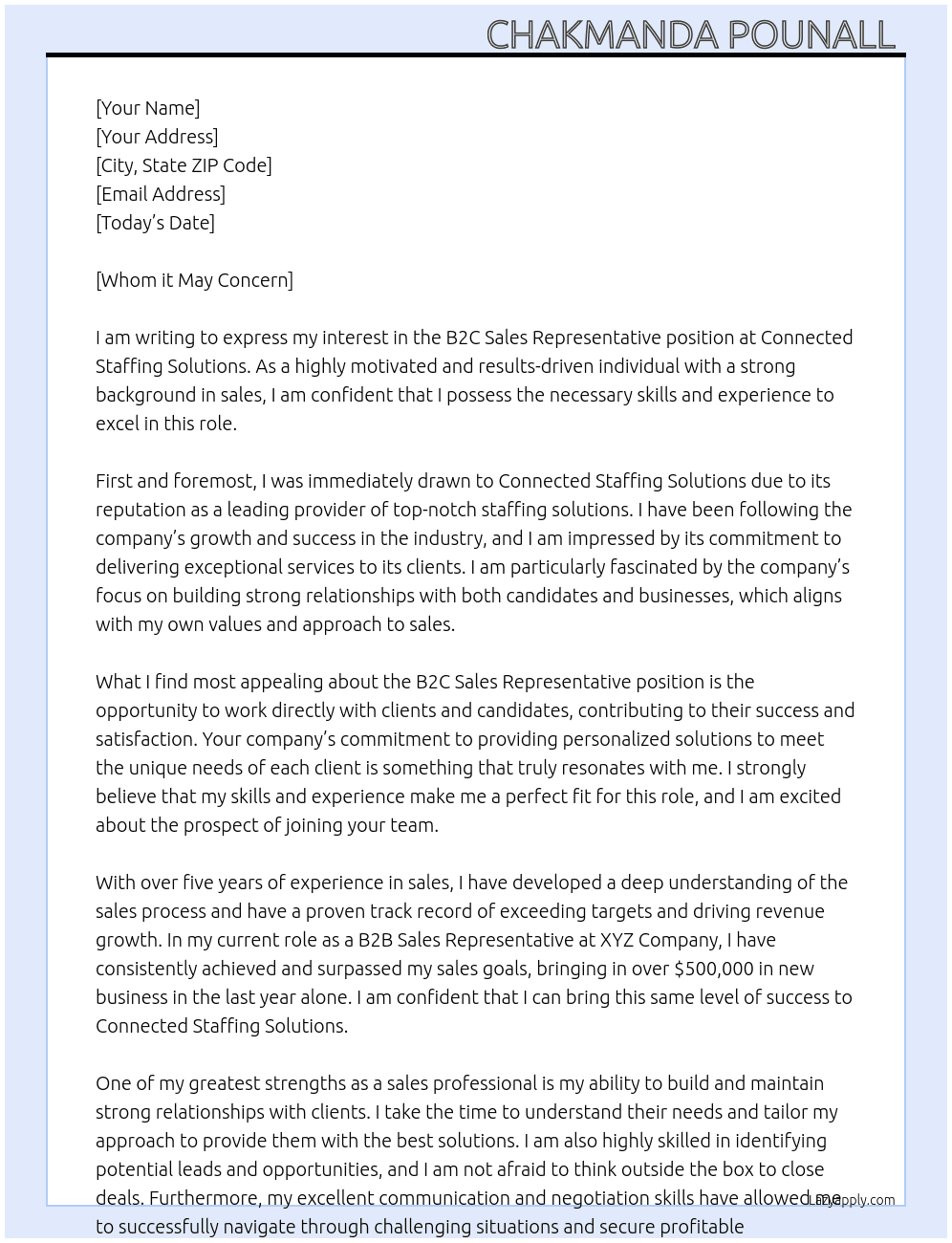 B2C Sales Representative  At Connected Staffing Solutions Cover Letter