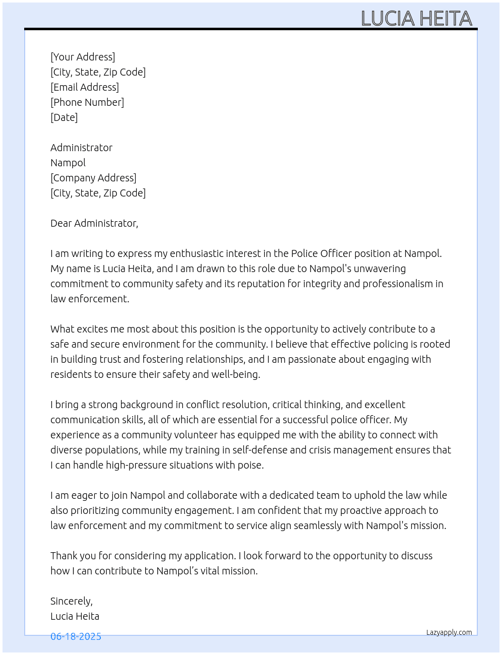 Police Offcier  At Nampol Cover Letter