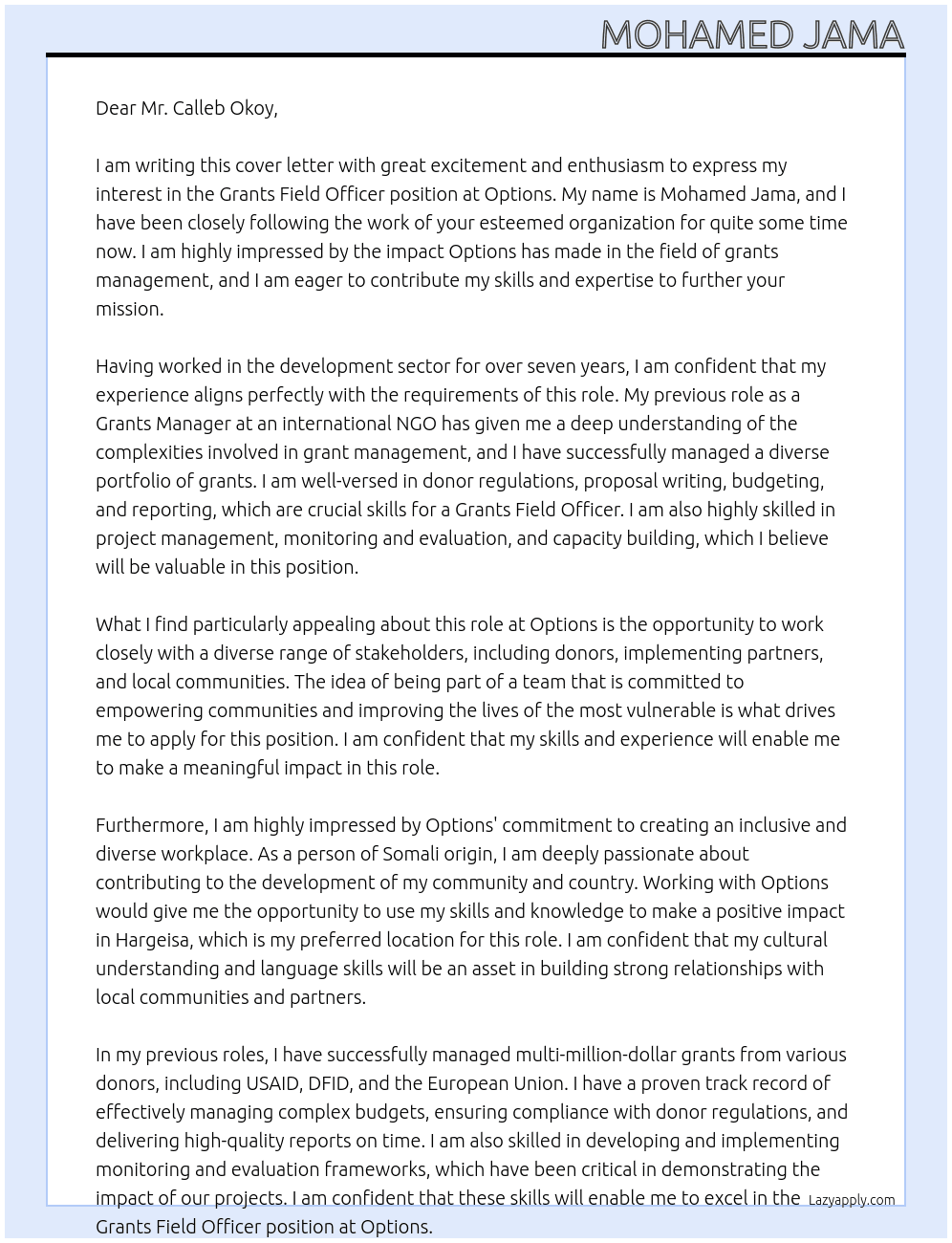Grants field officer At Options Cover Letter