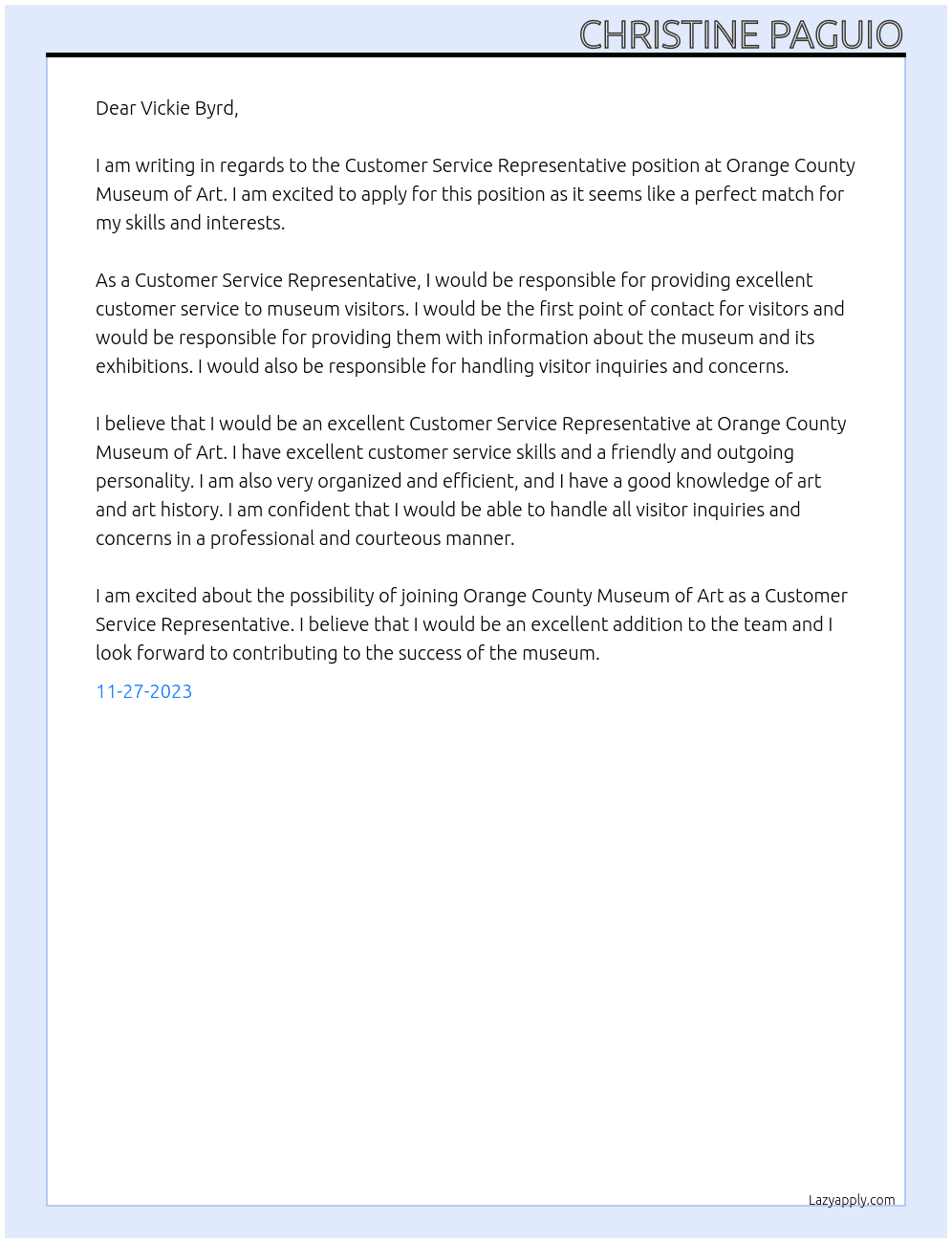 Customer Service Representative At Orange County Museum of Art Cover Letter