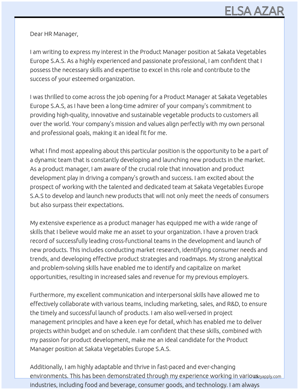 Product Manager  At Sakata Vegetables Europe S.A.S Cover Letter