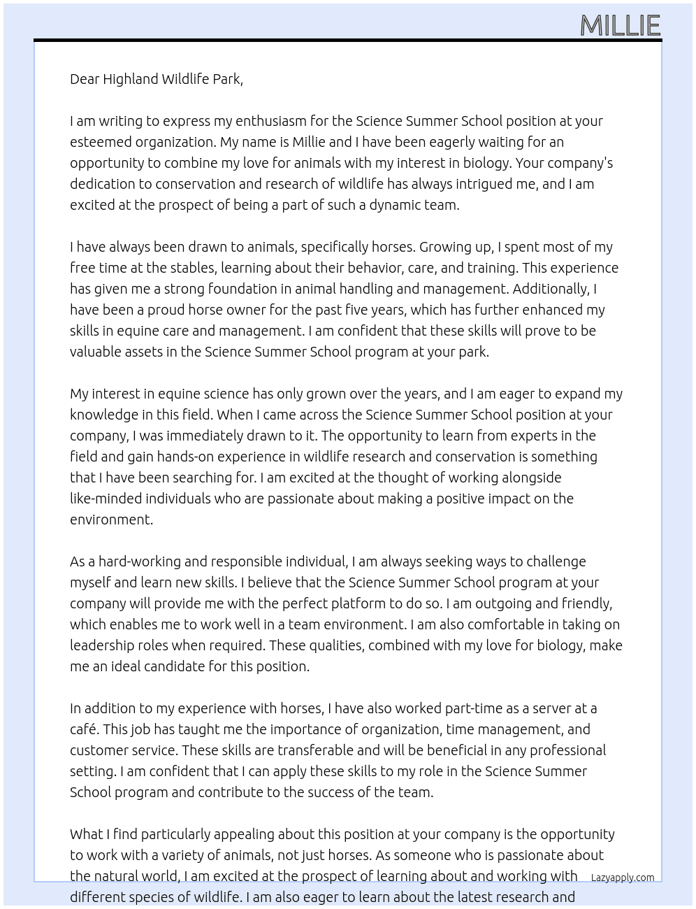 Science Summer School Applicant At Highland Wildlife Park Cover Letter