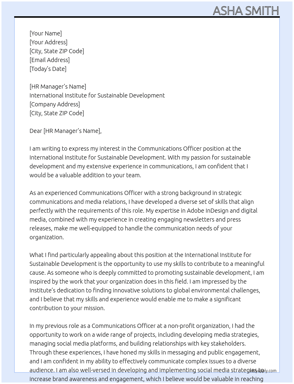 Communications Officer At International Institute for Sustainable Development Cover Letter