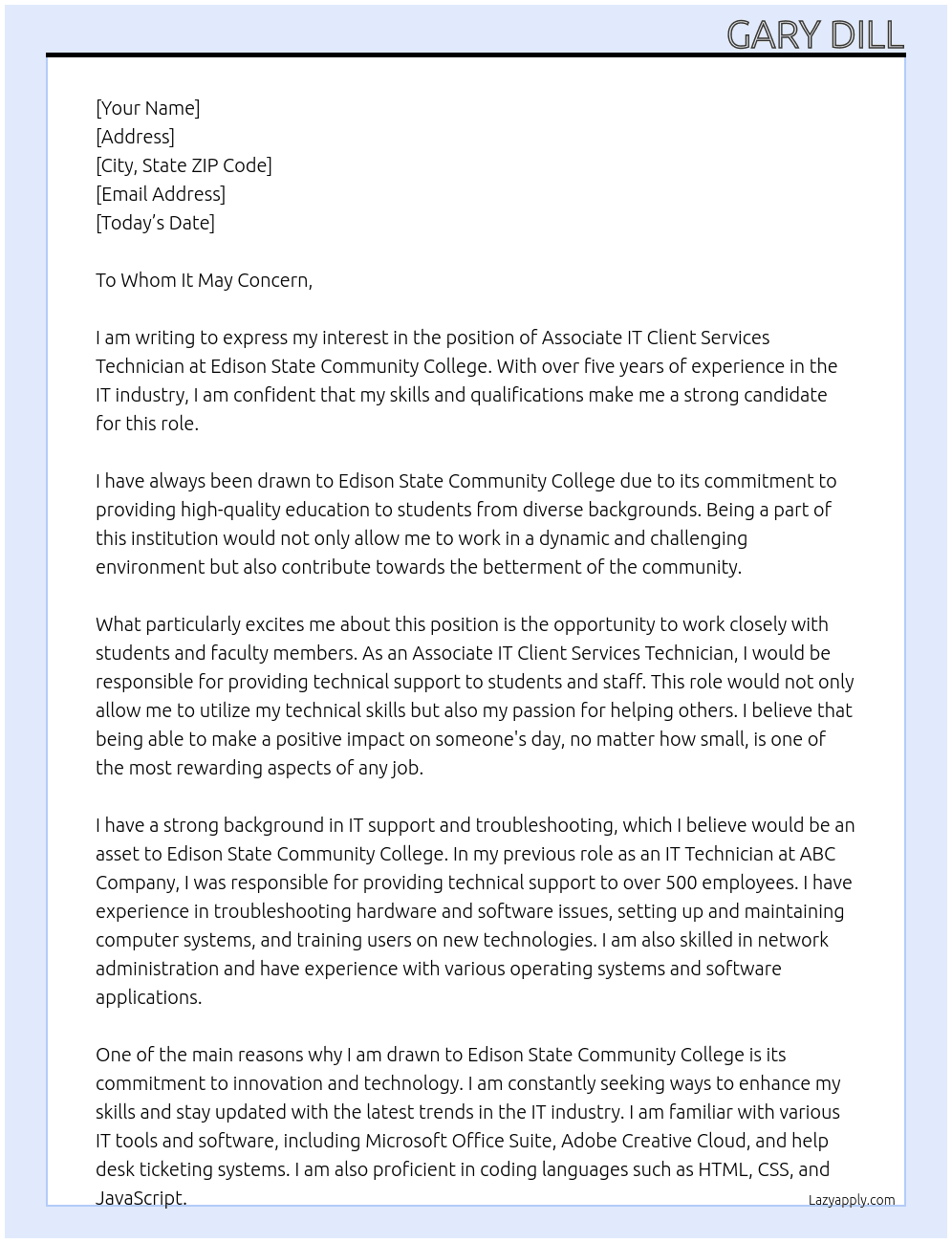 Associate IT Client Services Technician At Edison State Community College Cover Letter