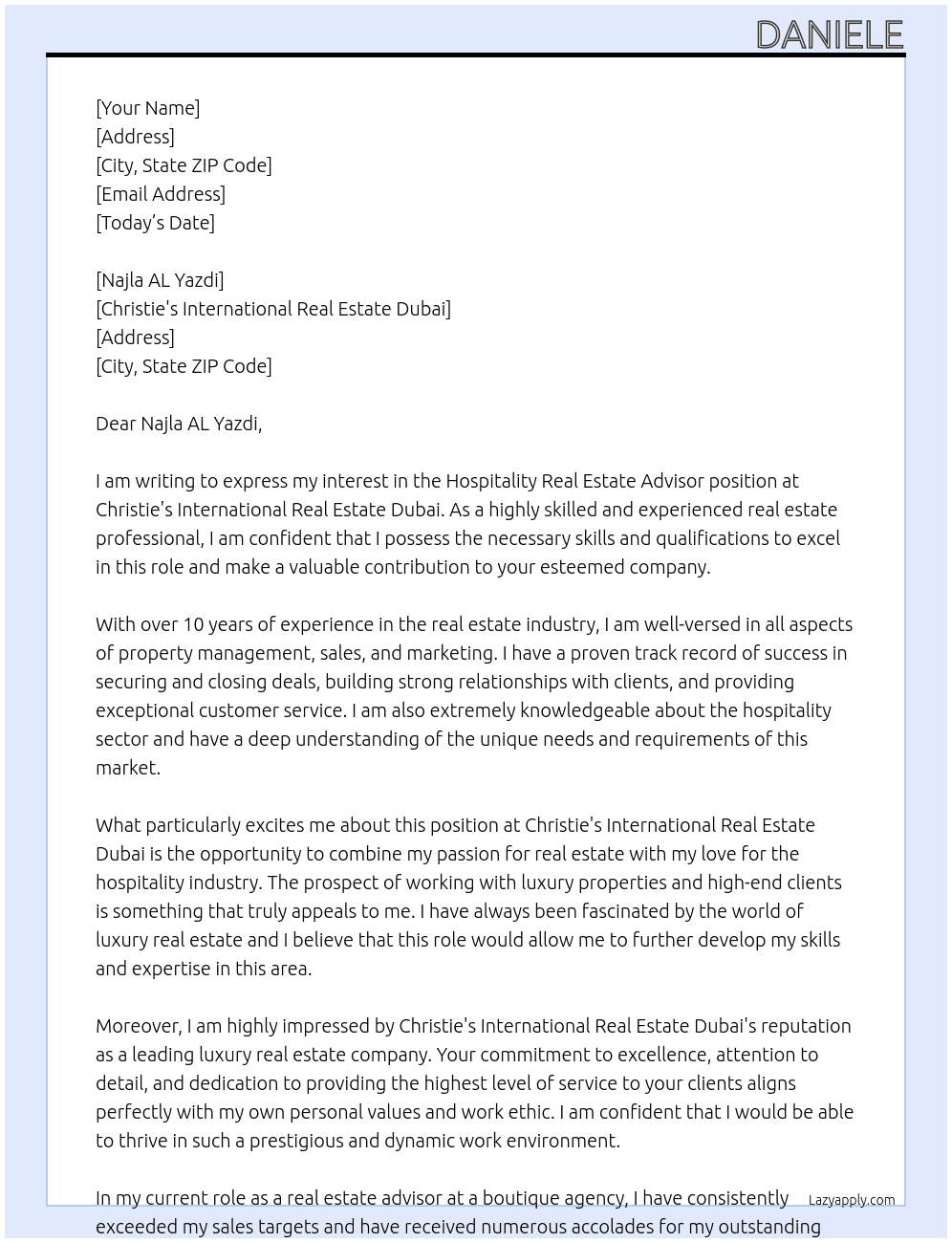 Cover letter for hospitality real estate advisor - LazyApply