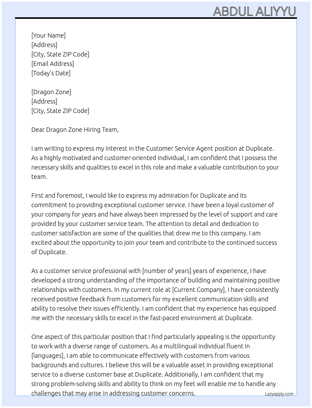 Customer service agent  At Duplicate  Cover Letter