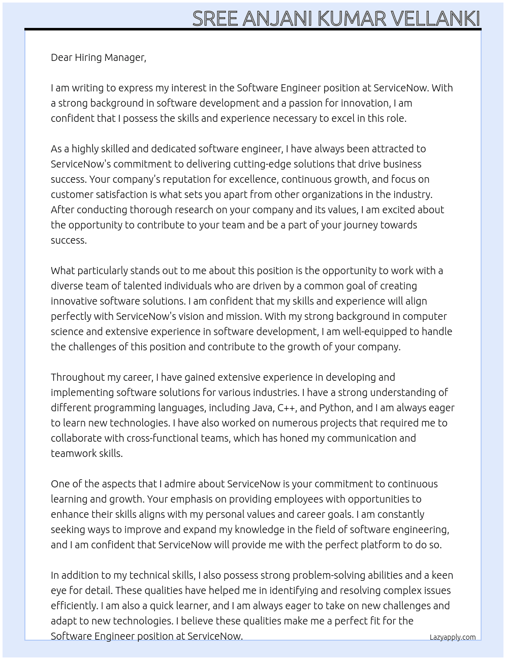 Software Engineer At Service now Cover Letter