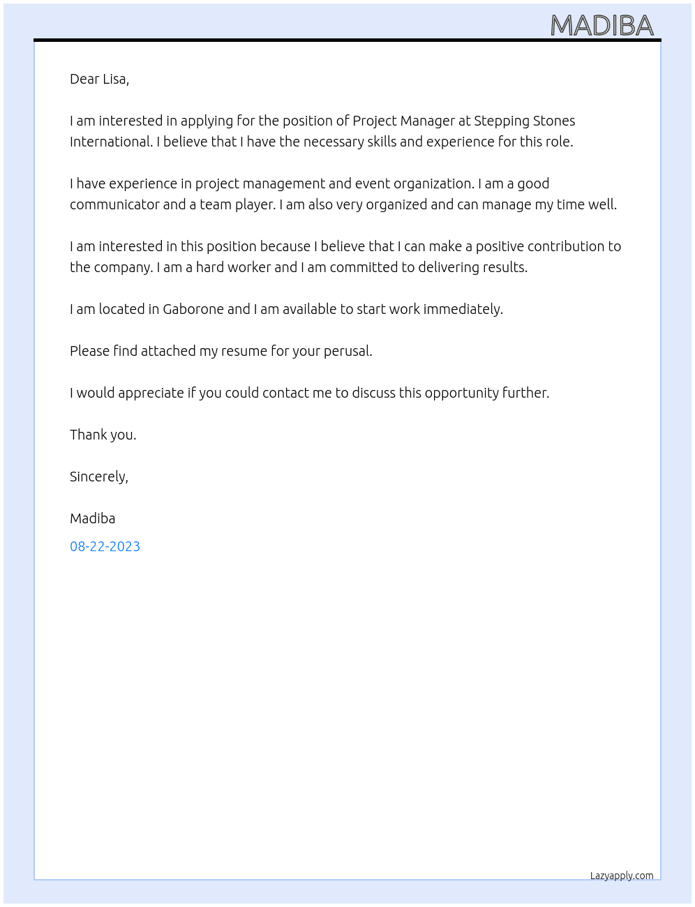Project Management  At Stepping stones international  Cover Letter