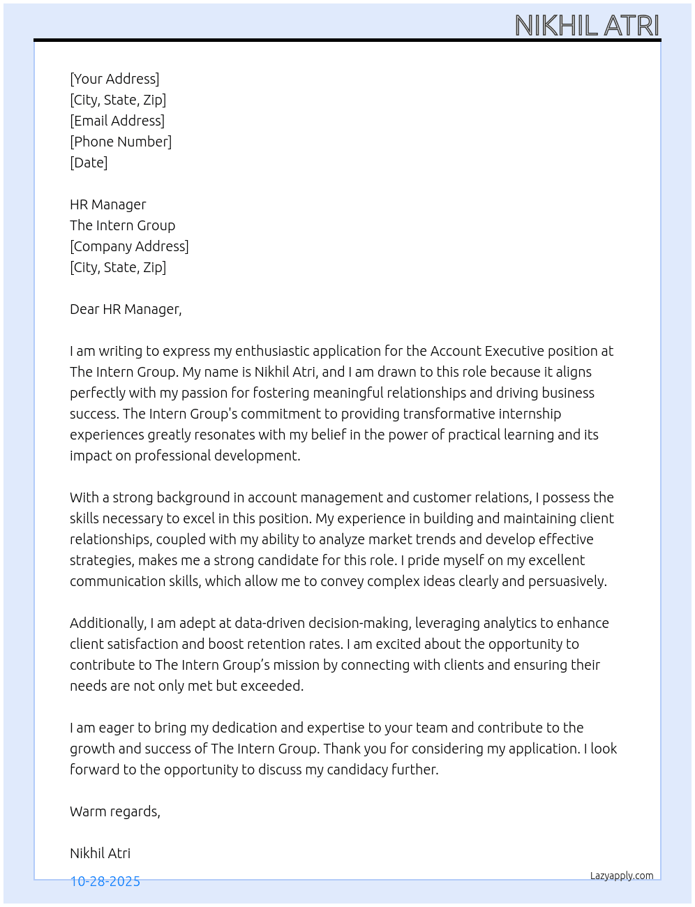 Account Executive At The Intern Group Cover Letter