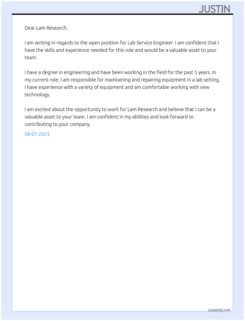 Lab Service Engineer At Lam Research Cover Letter