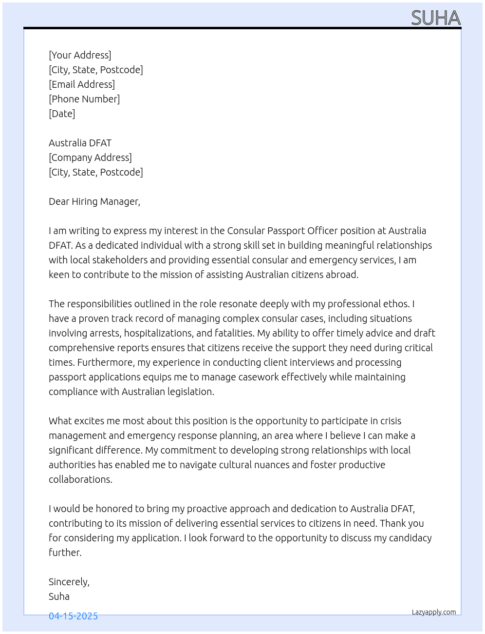 Consular passport officer At Australia DFAT Cover Letter