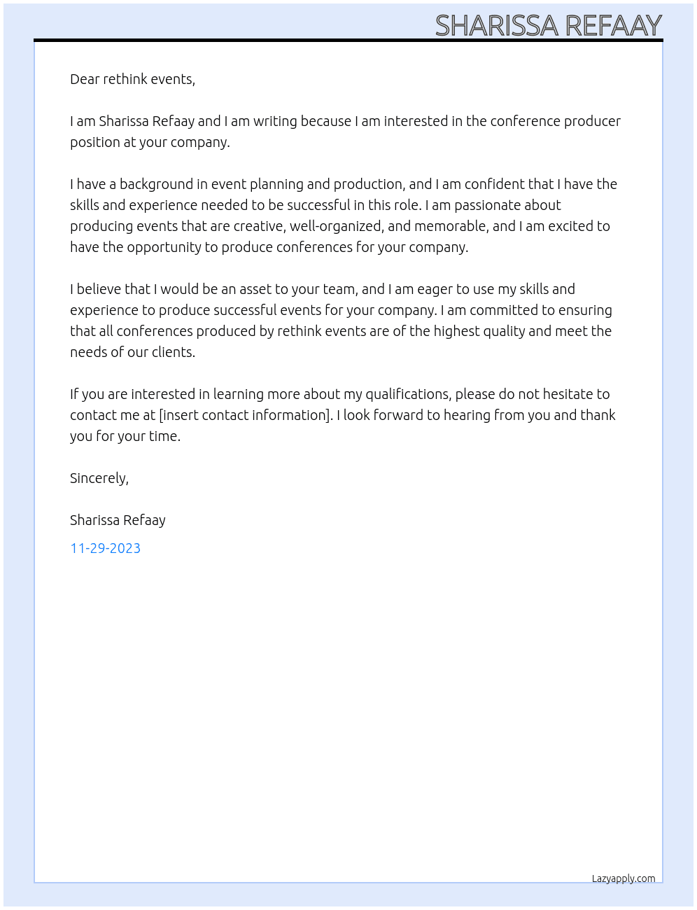 Conference producer  At rethink events  Cover Letter