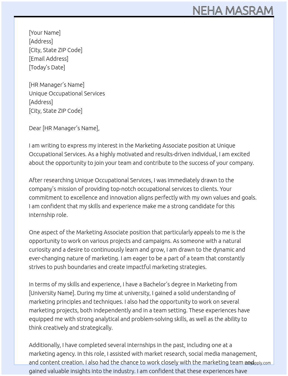 Marketing Associate At Unique Occupational Services Cover Letter